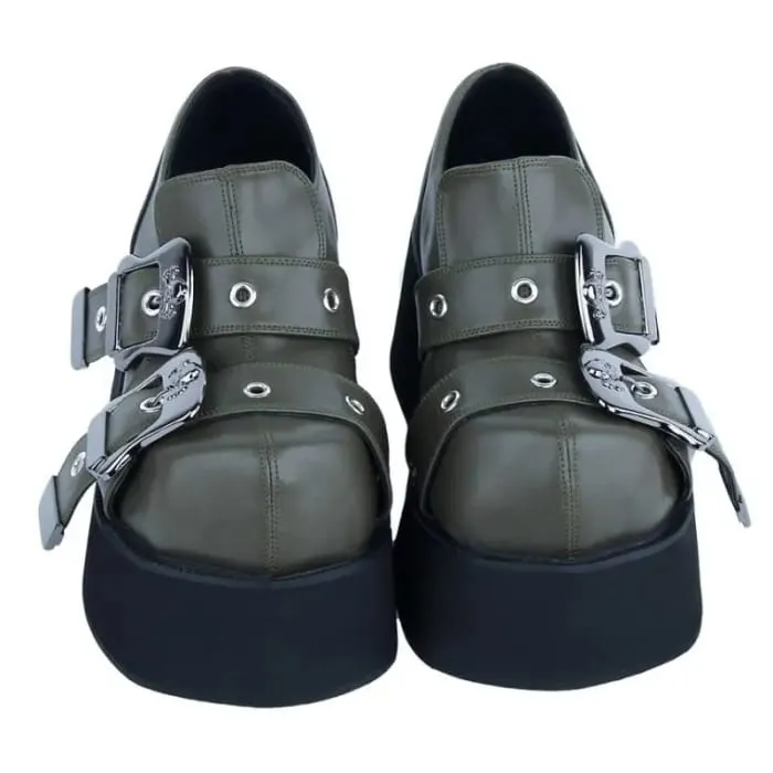 Square Toe Skull Buckled Platform Wedge Heel Loafers KP31