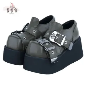 Square Toe Skull Buckled Platform Wedge Heel Loafers KP31