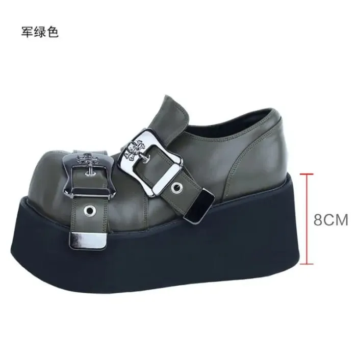 Square Toe Skull Buckled Platform Wedge Heel Loafers KP31