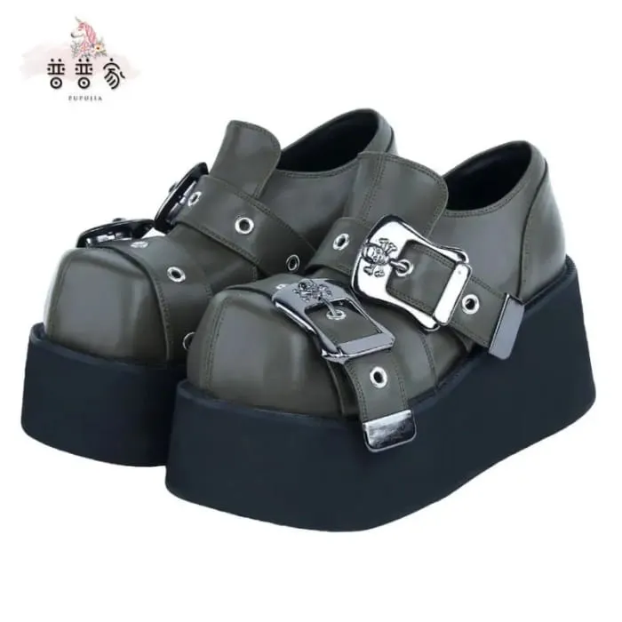 Square Toe Skull Buckled Platform Wedge Heel Loafers KP31