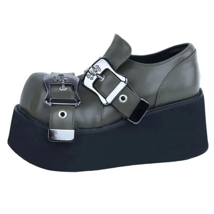 Square Toe Skull Buckled Platform Wedge Heel Loafers KP31