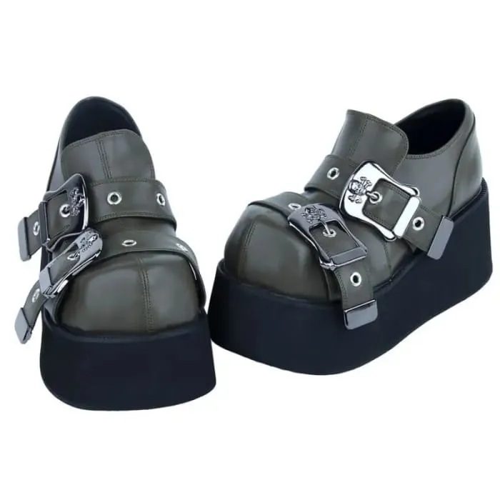 Square Toe Skull Buckled Platform Wedge Heel Loafers KP31