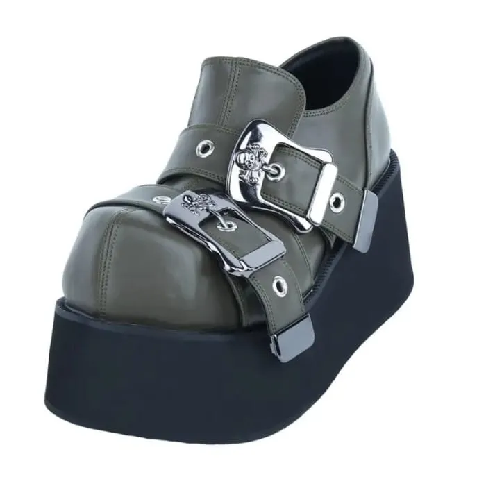 Square Toe Skull Buckled Platform Wedge Heel Loafers KP31