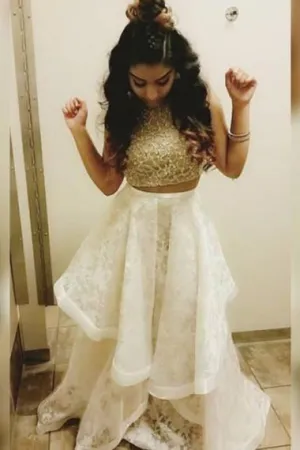 Two Piece Jewel Sweep Train Ivory Lace Prom Dress with Beading Ruffles  AHC679