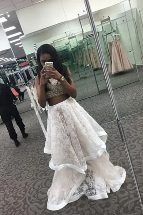Two Piece Jewel Sweep Train Ivory Lace Prom Dress with Beading Ruffles  AHC679