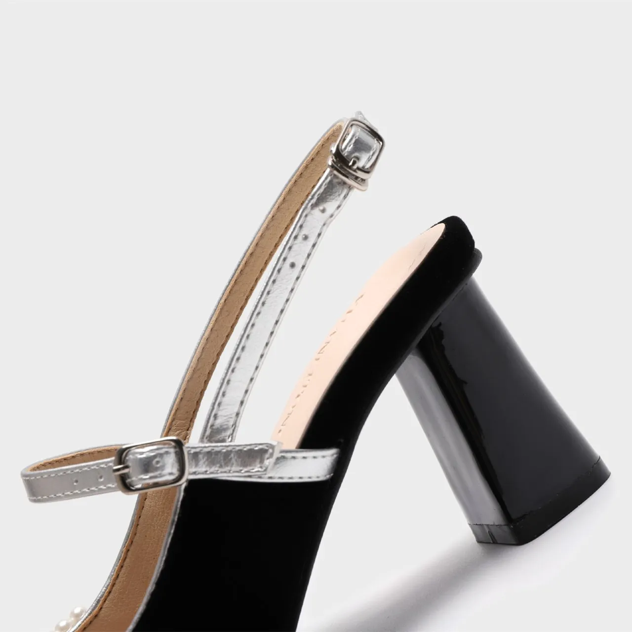 Women's black elegant pearls slingback chunky heels pointed closed toe dress heels