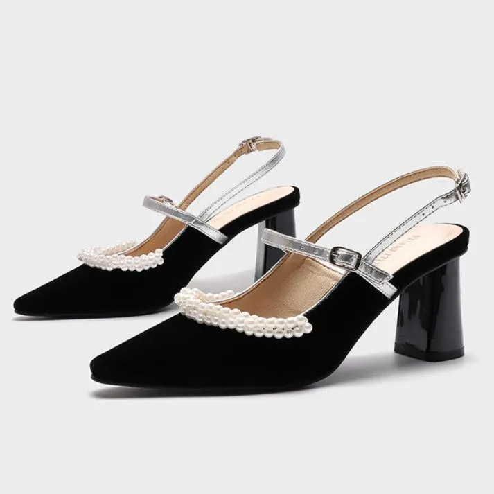 Women's black elegant pearls slingback chunky heels pointed closed toe dress heels