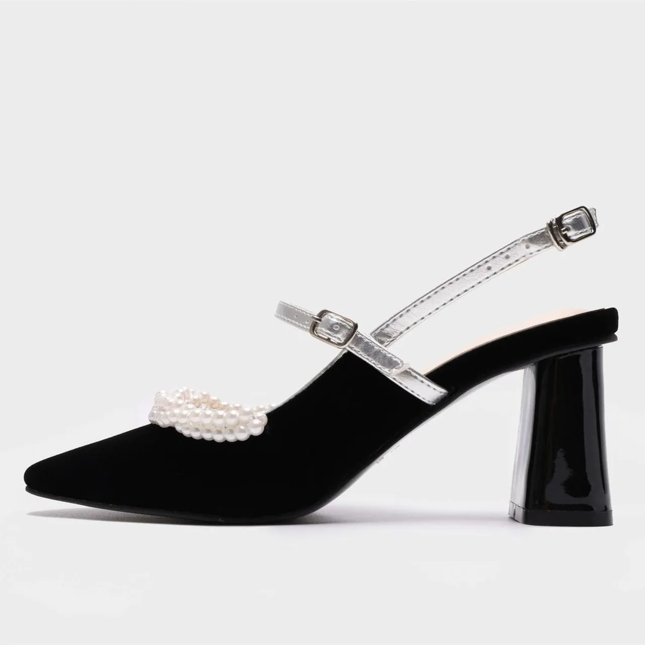 Women's black elegant pearls slingback chunky heels pointed closed toe dress heels