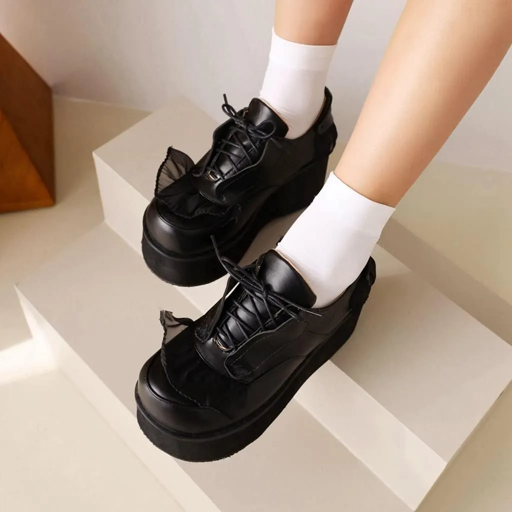 Women's Lolita Lace Up Chunky Platform Pump Shoes Round Toe Wedge High Heels Uniform Dress Pumps
