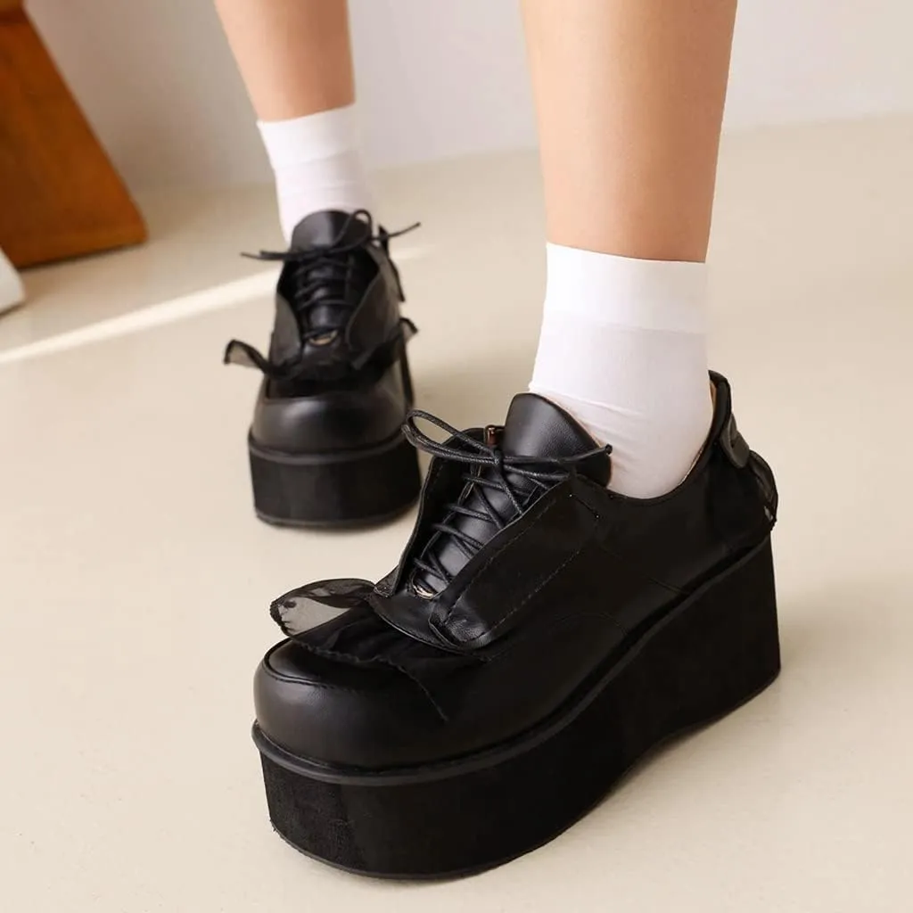Women's Lolita Lace Up Chunky Platform Pump Shoes Round Toe Wedge High Heels Uniform Dress Pumps