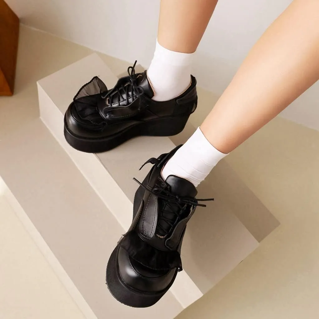 Women's Lolita Lace Up Chunky Platform Pump Shoes Round Toe Wedge High Heels Uniform Dress Pumps