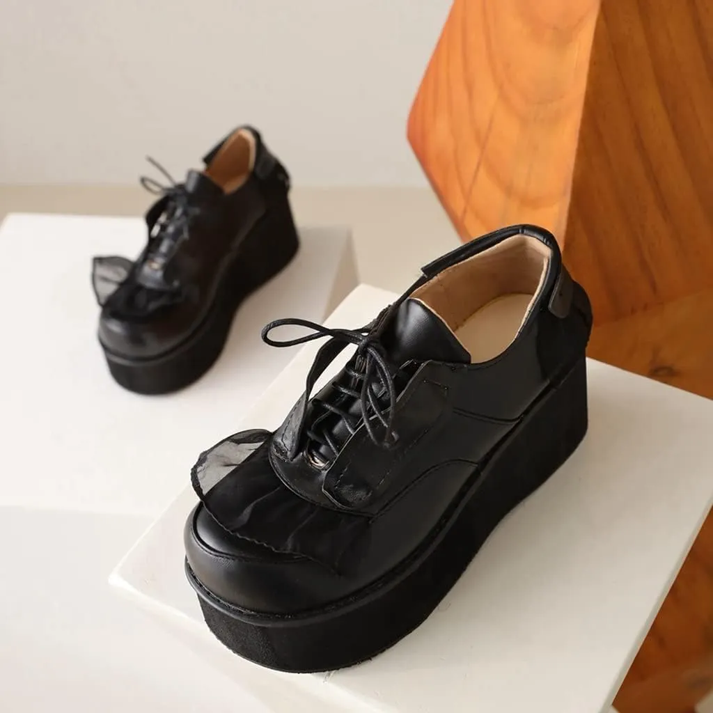 Women's Lolita Lace Up Chunky Platform Pump Shoes Round Toe Wedge High Heels Uniform Dress Pumps