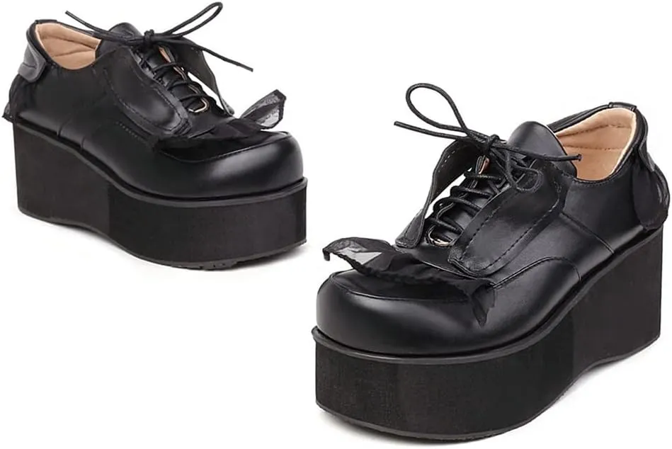 Women's Lolita Lace Up Chunky Platform Pump Shoes Round Toe Wedge High Heels Uniform Dress Pumps